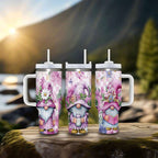 Purple Floral Gnome Stainless Steel Tumbler with Handle and Straw, Insulated Travel Mug for Women, Cute Spring Flower Cup Gift