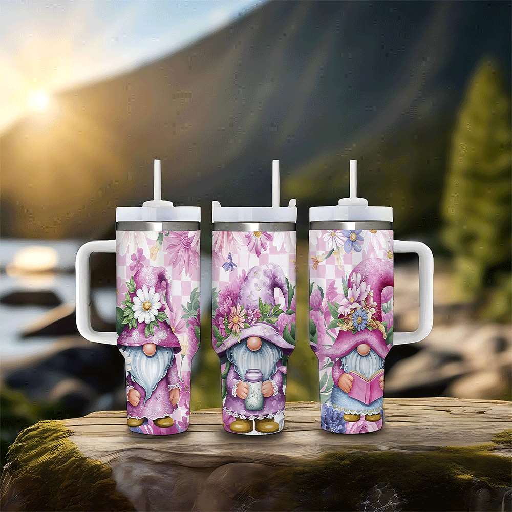 Purple Floral Gnome Stainless Steel Tumbler with Handle and Straw, Insulated Travel Mug for Women, Cute Spring Flower Cup Gift