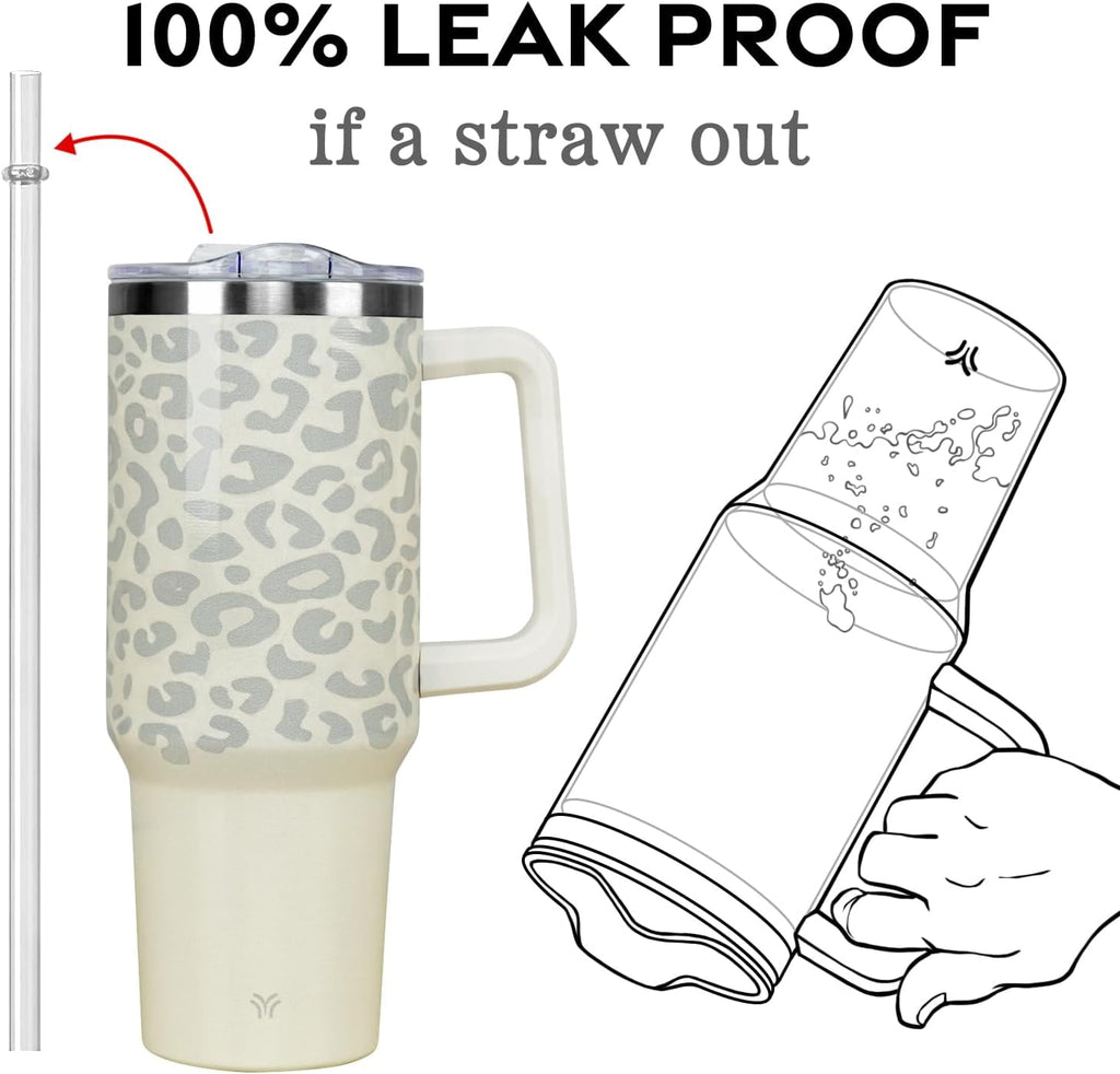 40oz Tumbler with Handle and Straw Lid | Vacuum Insulated Leak Proof Tumbler | Stainless Steel Travel Mug Water Bottle Cup Keeps Cold & Hot | Cream Leopard