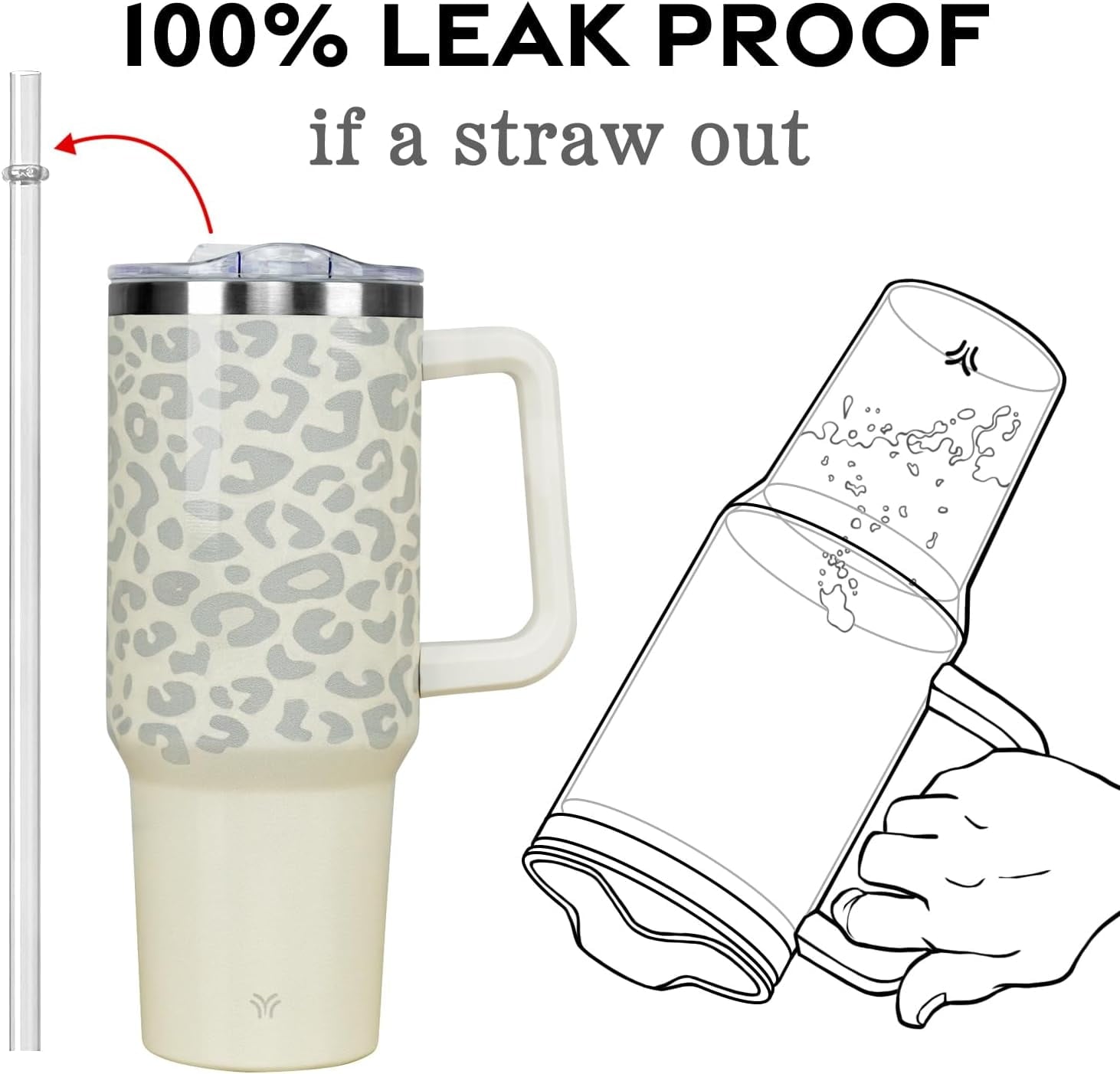 40oz Tumbler with Handle and Straw Lid | Vacuum Insulated Leak Proof Tumbler | Stainless Steel Travel Mug Water Bottle Cup Keeps Cold & Hot | Cream Leopard