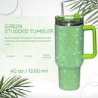 STP GOODS Stainless Steel Rhinestone Insulated Tumbler with Handle Lid and Straw 40 fl oz (1200 ml) Double-Wall Travel Mug, Light Green