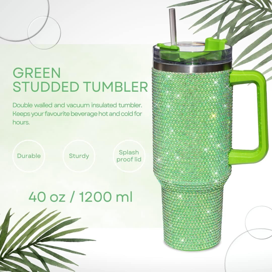 STP GOODS Stainless Steel Rhinestone Insulated Tumbler with Handle Lid and Straw 40 fl oz (1200 ml) Double-Wall Travel Mug, Light Green