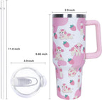 40 oz Cute Strawberry Cow Tumbler with Handle and Straw, Stainless Steel Insulated Cup with Lid and Straw, Travel Mug Water Bottle, Gifts for Women