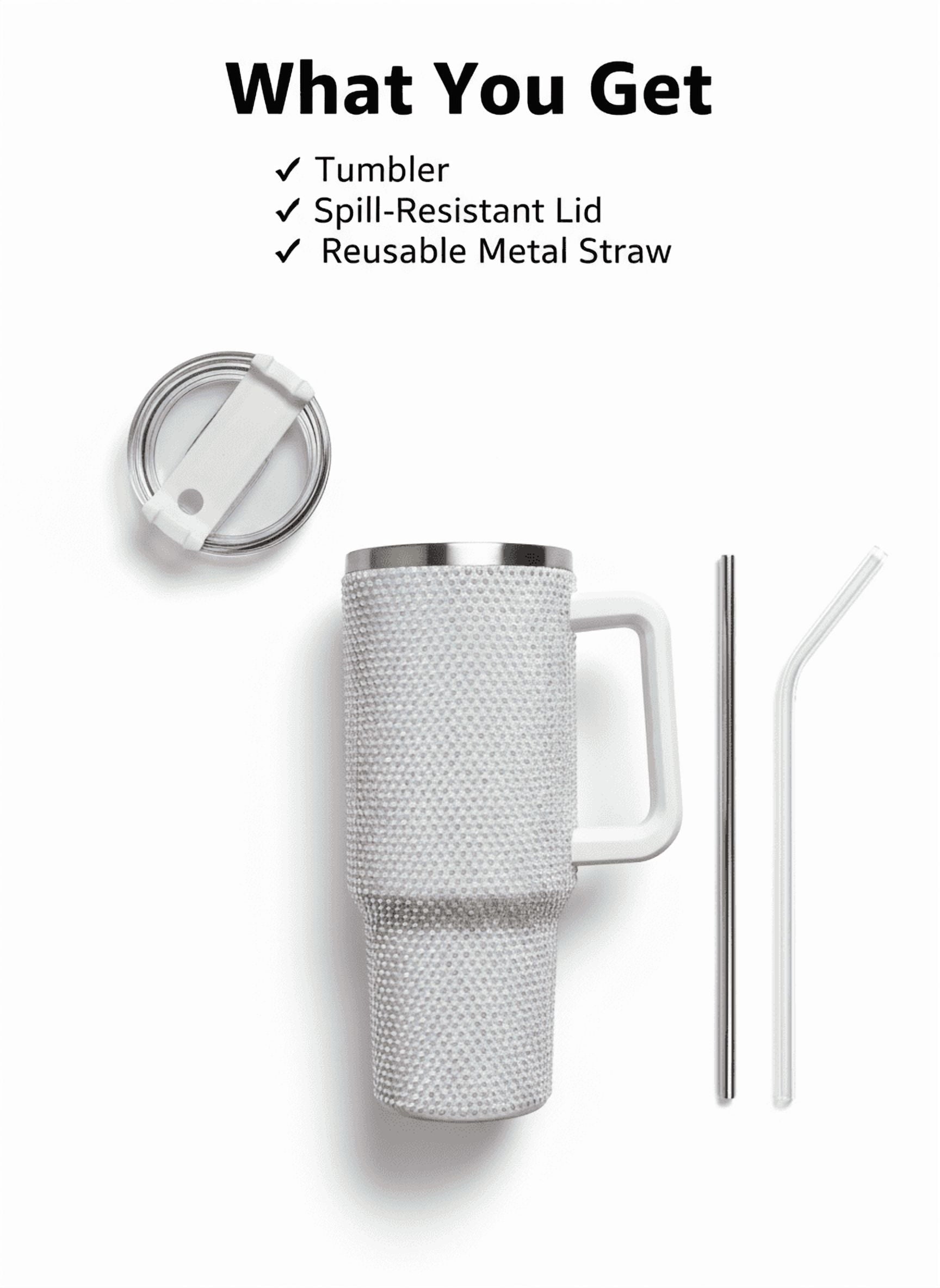 Thirstee 40 oz Rhinestone Tumbler with Handle and Metal Straw Lid, White Bling Insulated Travel Mug