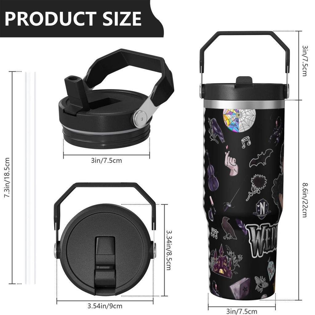 30oz Wednesday Girl Stainless Steel Tumbler with Lid and Straw,Wednesday Stuff Merchandise Spill Proof Travel Cup Double Wall Vacuum Insulated Coffee Mug with Top Handle Black