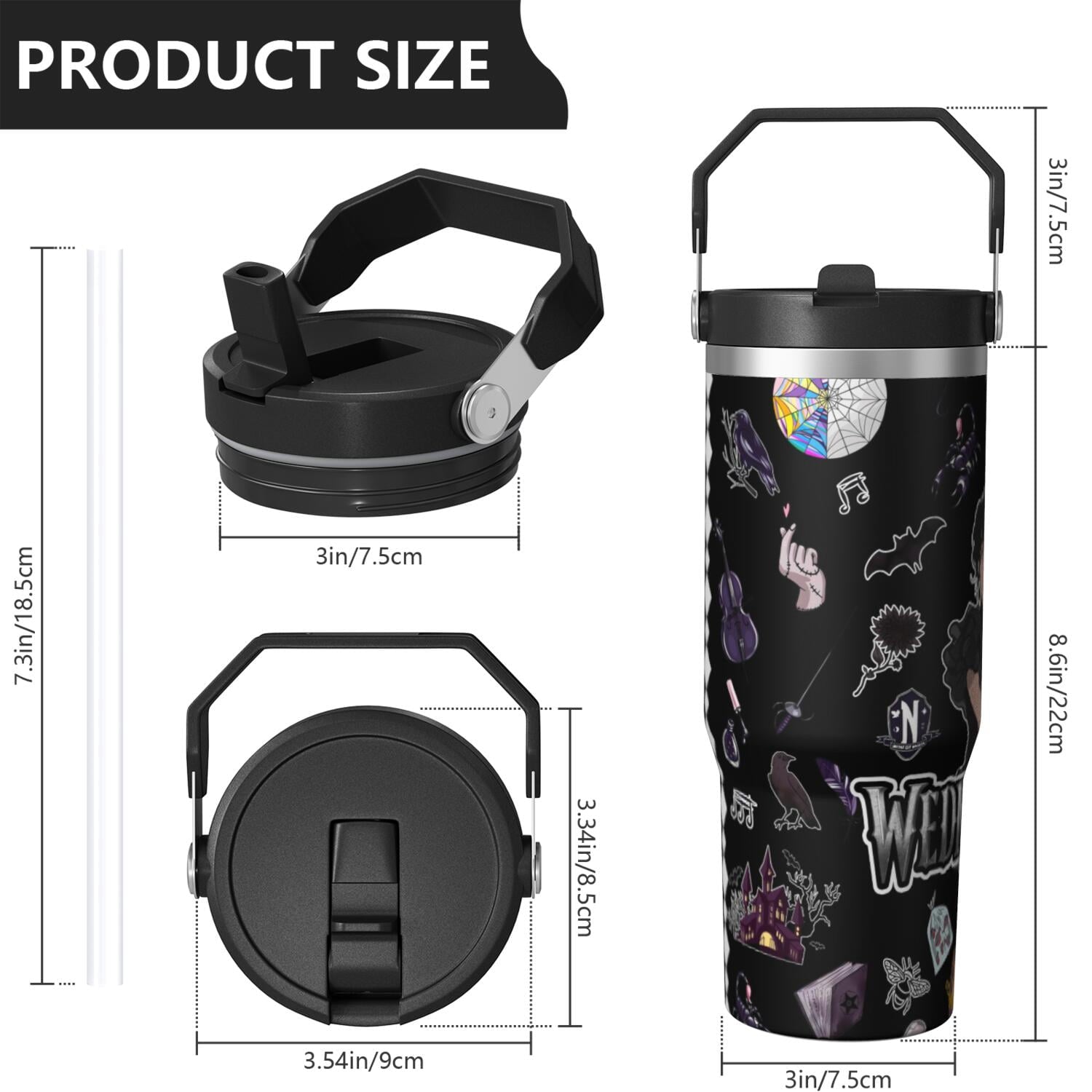 30oz Wednesday Girl Stainless Steel Tumbler with Lid and Straw,Wednesday Stuff Merchandise Spill Proof Travel Cup Double Wall Vacuum Insulated Coffee Mug with Top Handle Black