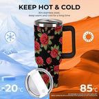 40 oz Insulated Floral Flowers Red Rose Coffee Tumbler with Portable Handle, Stainless Steel Vacuum Travel Mug for Unisex Home, Office Use