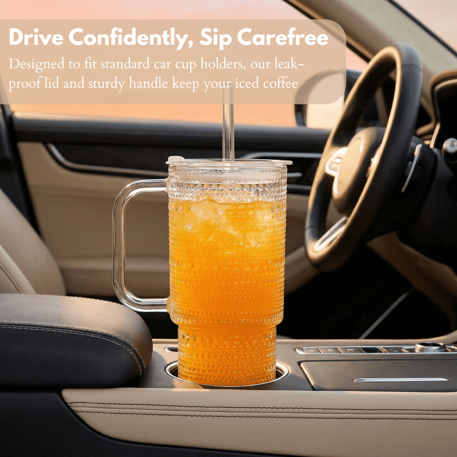 26oz Drinking Glasses with Handle & Lid – 2-Pack Large Iced Coffee Cups with Straws, Modern Glass Tumbler for Cold & Hot Beverages, Aesthetic Travel Cup for Smoothies, Tea, and Juice