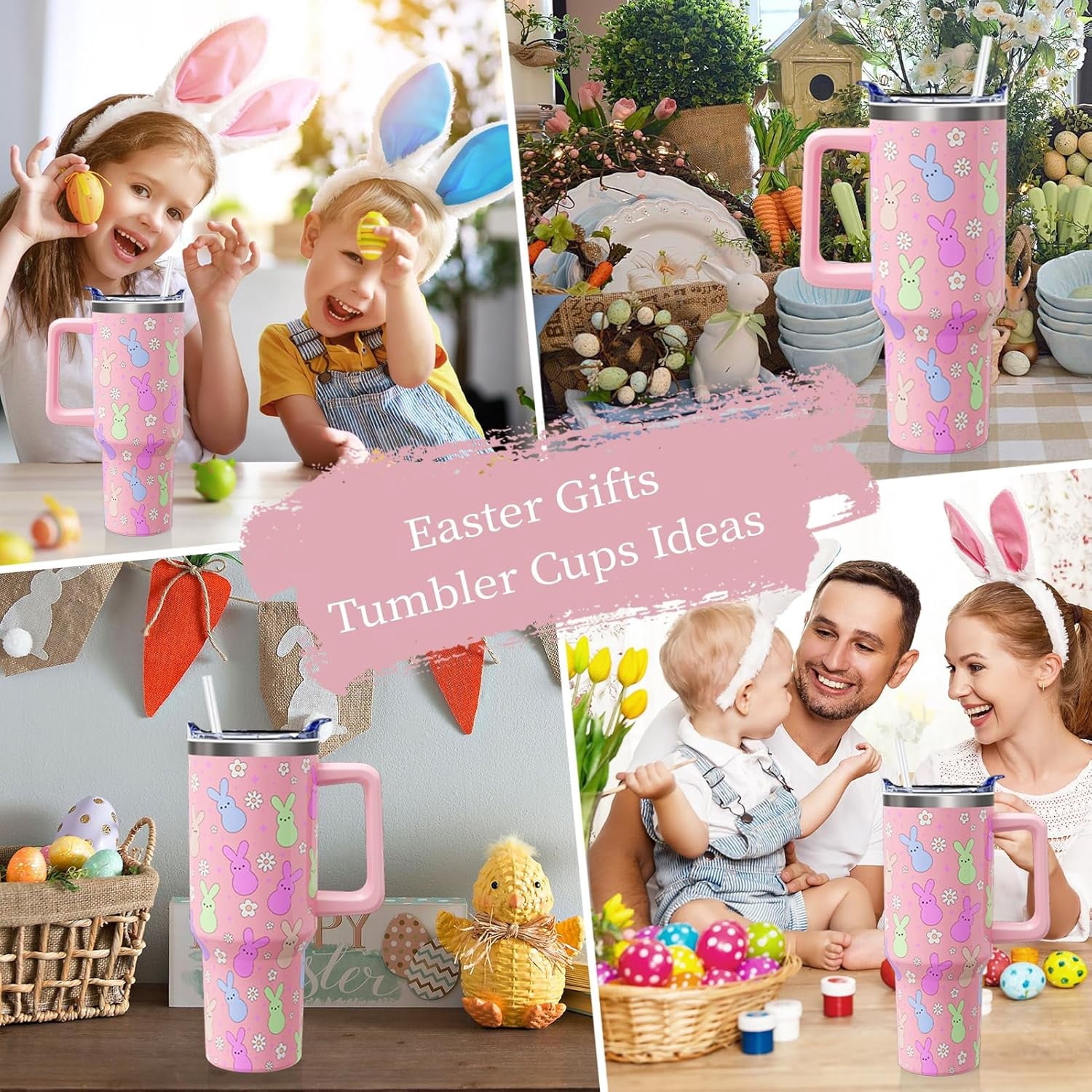 Easter Day Gifts 40oz Tumbler with Handle and Straw, Cute Bunnies Buddies Spring Stainless Steel Insulated Cup, Colorful Holiday Bunny Water Bottle Gifts for Women Men (1PC)