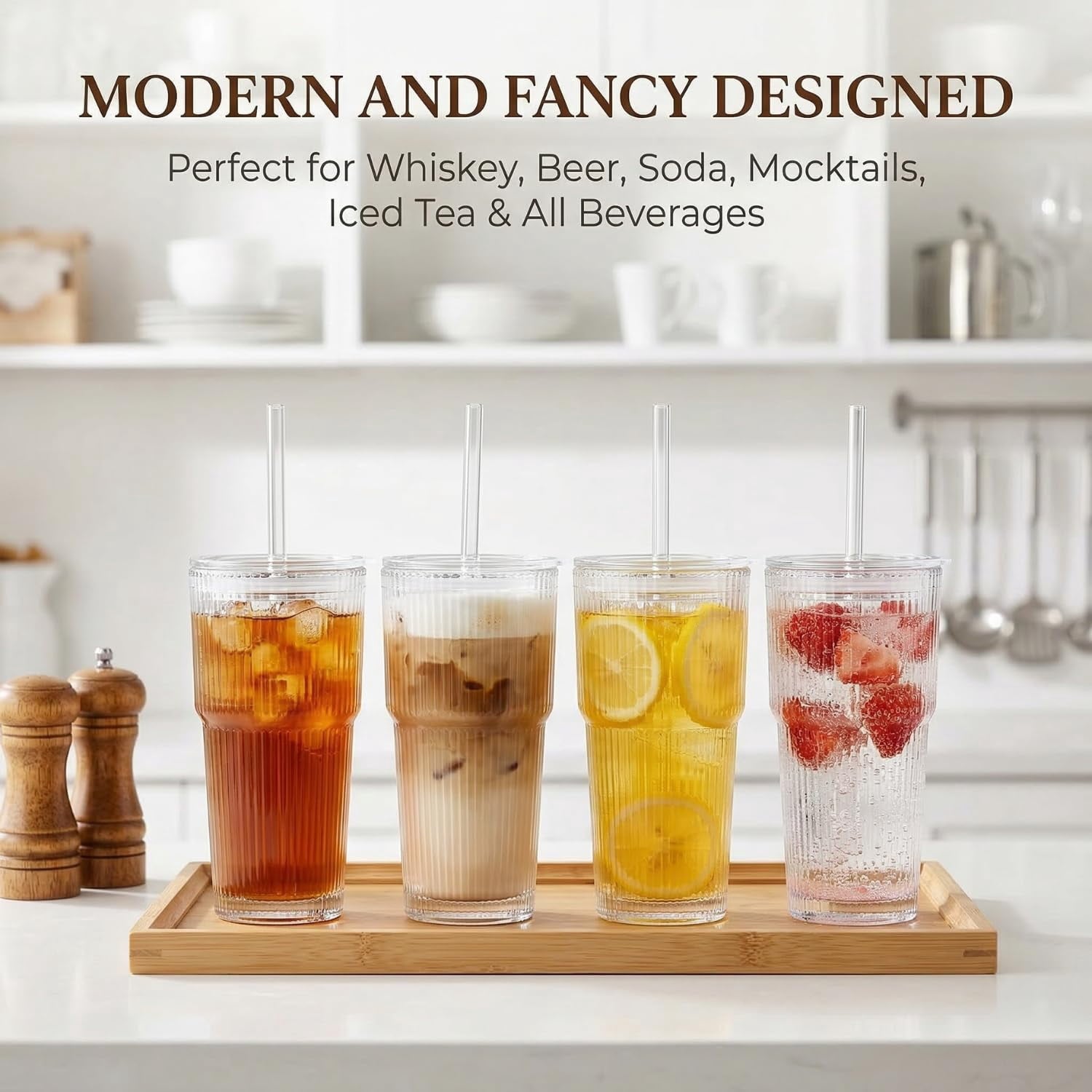 20 oz Clear Ribbed Glass Tumbler with Lid and Straw, Spill-proof Iced Coffee Cups, Hobnail Drinking Set of 4, Vintage Glassware