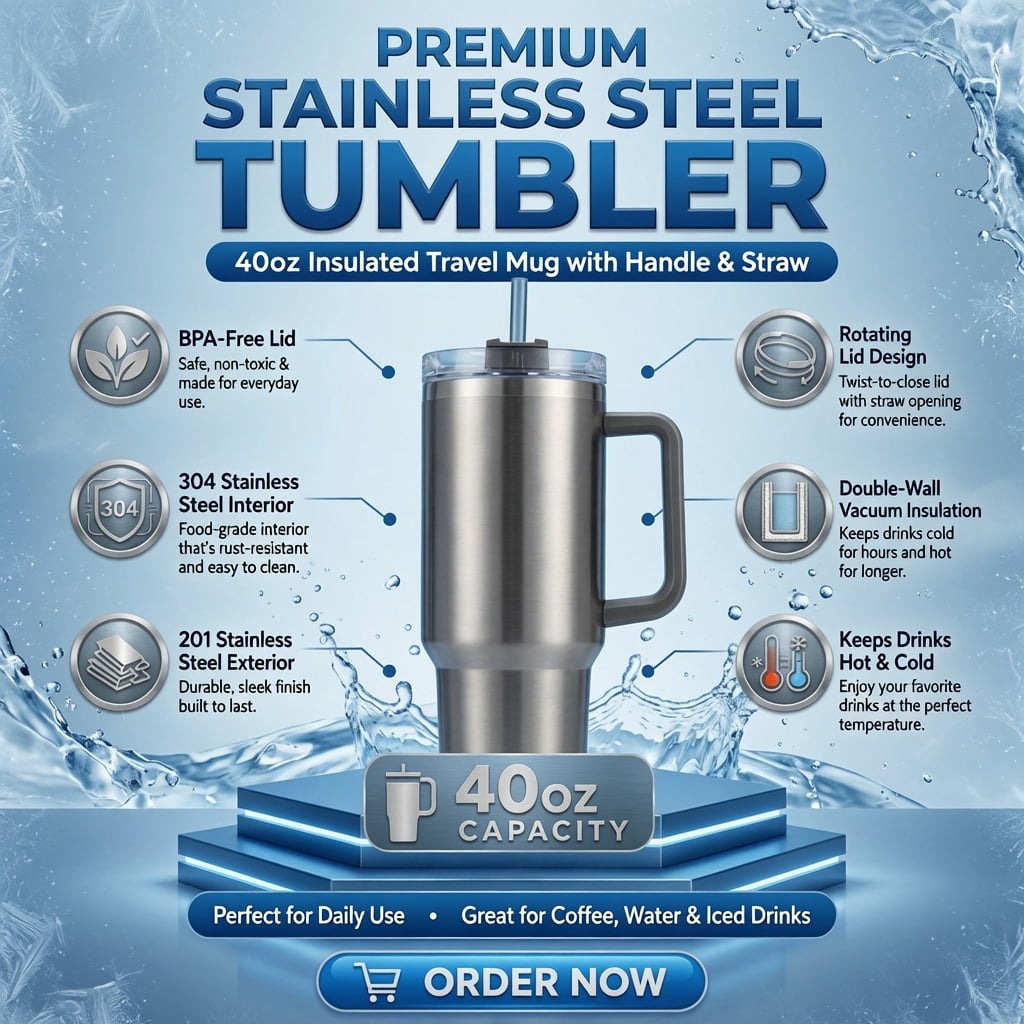 TUMBRO Mecury Tumbler 40Oz, Mecury Coffee Tumbler, Insulated Cup, Black - Clear lid