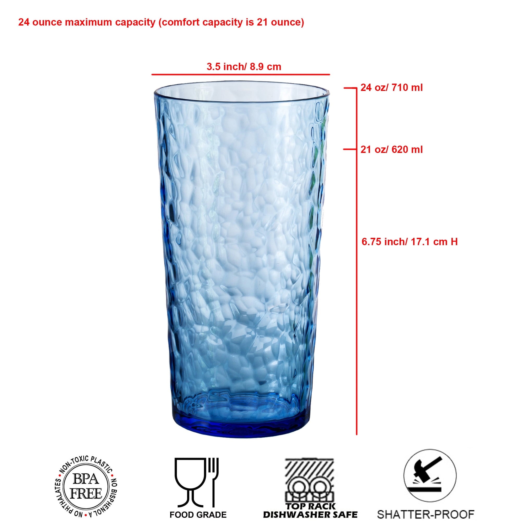 ZAINCA Hammered 24 ounce Plastic Drinking Tumbler Acrylic Glasses, Set of 8 Multicolor