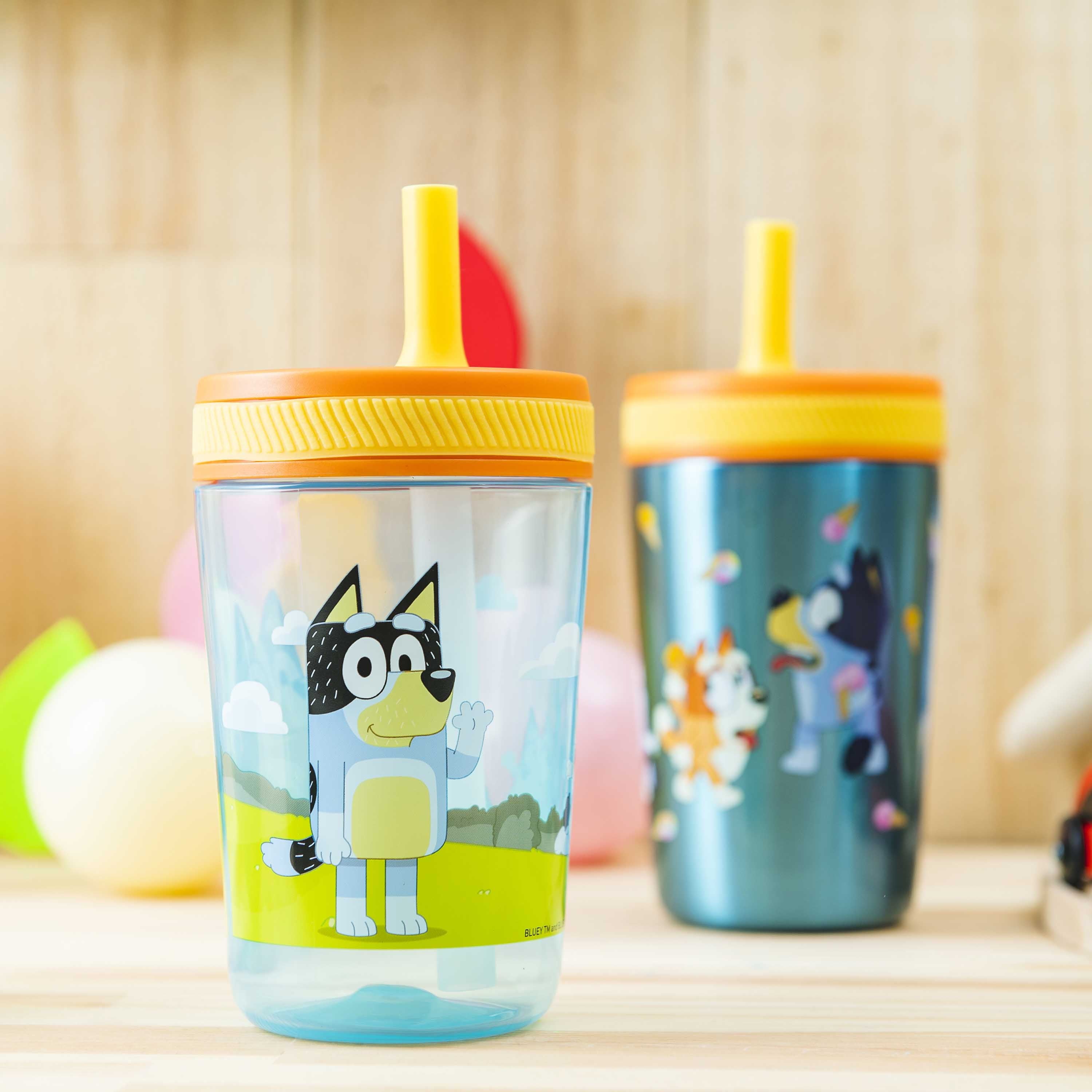 Zak Designs 12oz and 15oz 2-Pack Straw Tumbler Stainless Steel and Plastic with Additional Straw Leakproof and Perfect for Kids, Bluey