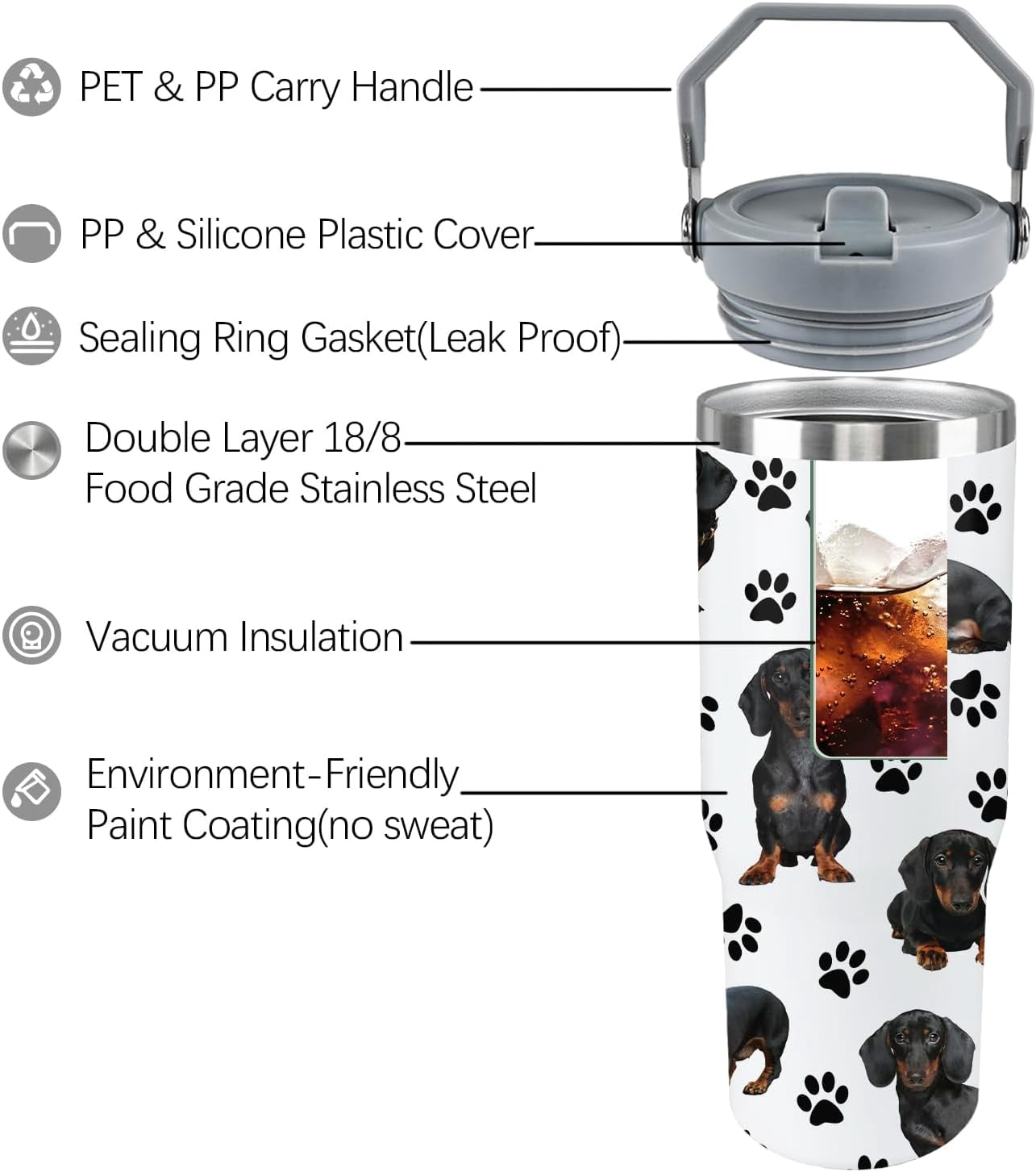 Dachshund Dog Tumbler with Lid and Straw 30 Oz Weenie Dog Tumbler Insulated Weiner Dog Water Bottle Cup with Handle Weiner Dog Gifts for Women Men