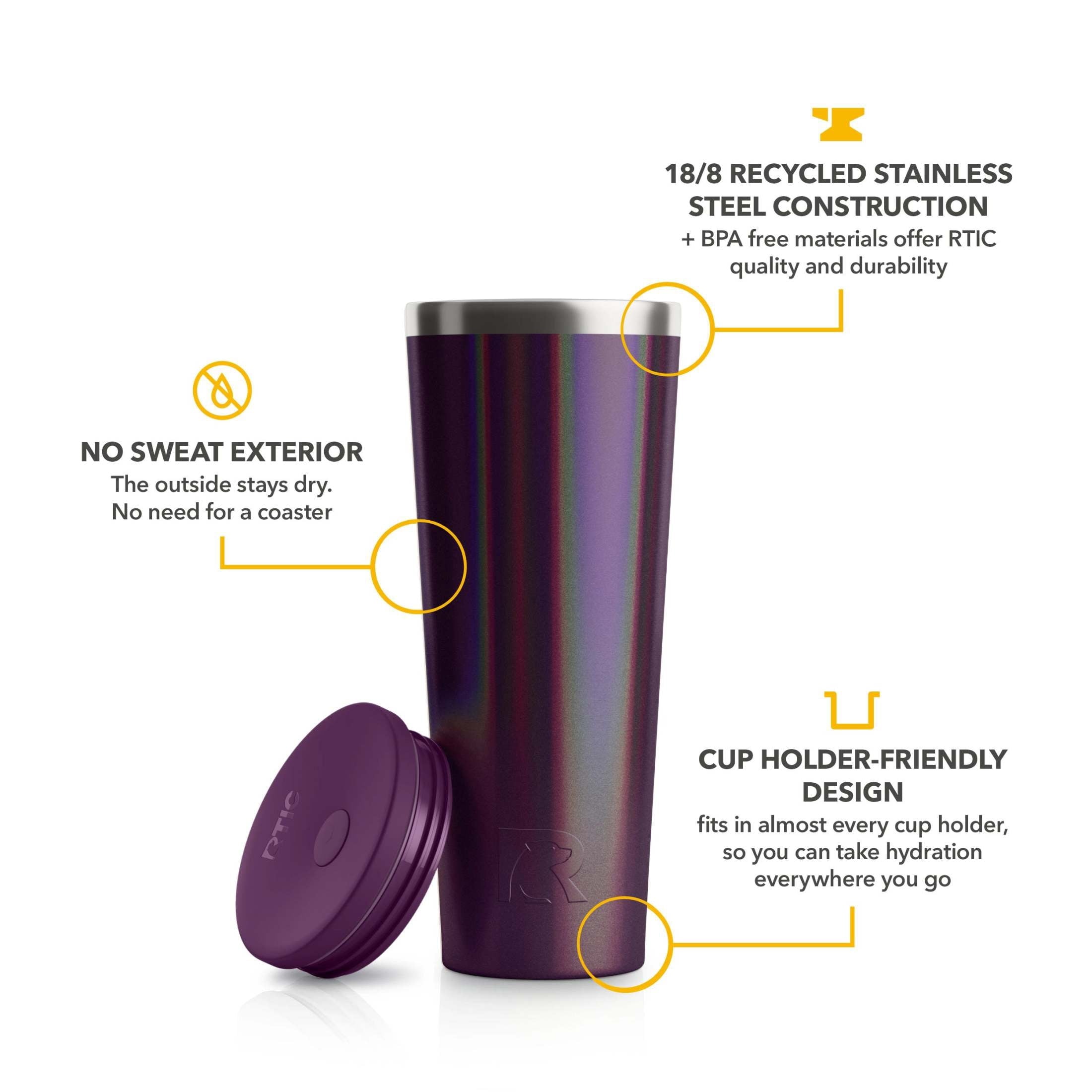 RTIC 28 oz Ceramic Lined Everyday Tumbler, Spill-Resistant Straw Lid, Plum Glitter
