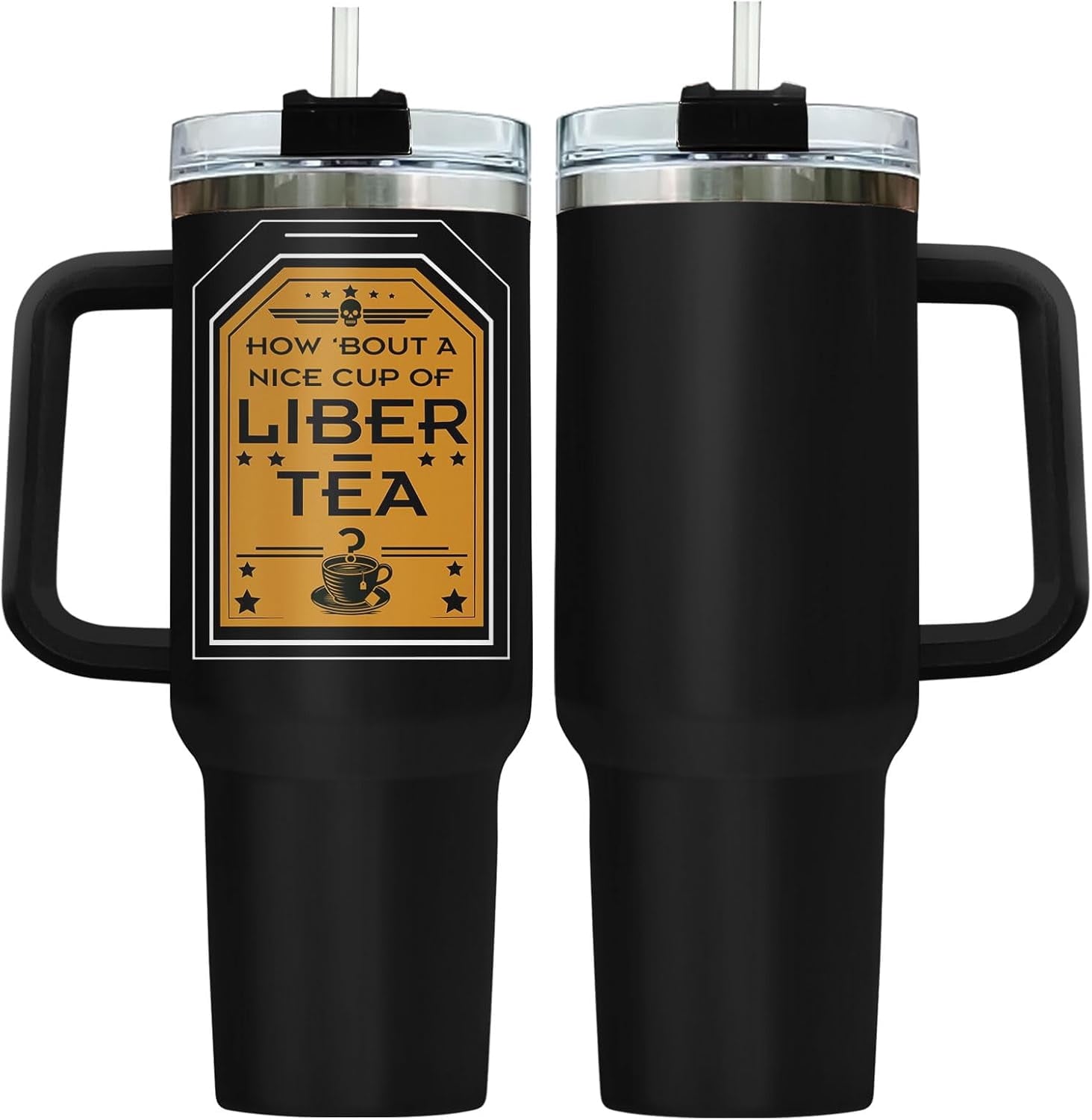 Liber Tea Tumbler 40oz with Handle and Straw, Patriotic Tea Vacuum Insulated Travel Gaming Cup, Gamer Gifts for Father''s Day - Cool Birthday Present for Him, Men & Daddy