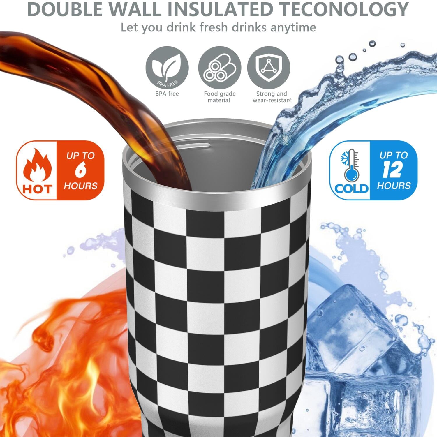 1pc Black and white grid 30oz Tumbler with Straw & Handle - Insulated Stainless Steel Cup | Holiday Gift for Man Women (Christmas, Valentine's, Birthday)