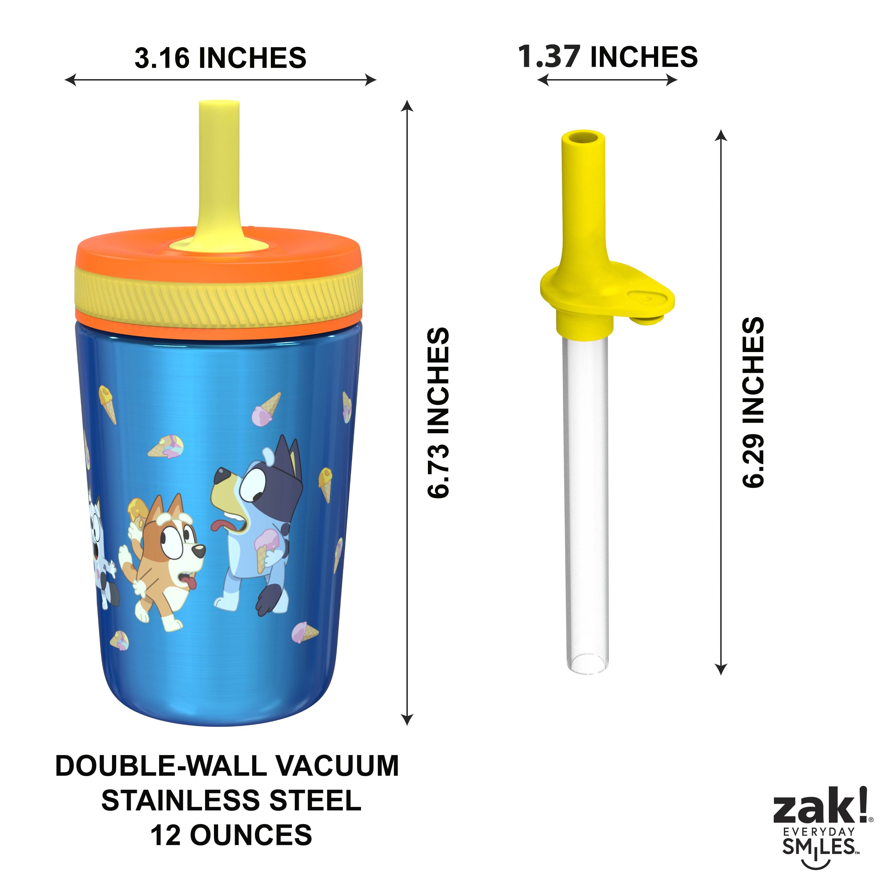Zak Designs 12oz and 15oz 2-Pack Straw Tumbler Stainless Steel and Plastic with Additional Straw Leakproof and Perfect for Kids, Bluey