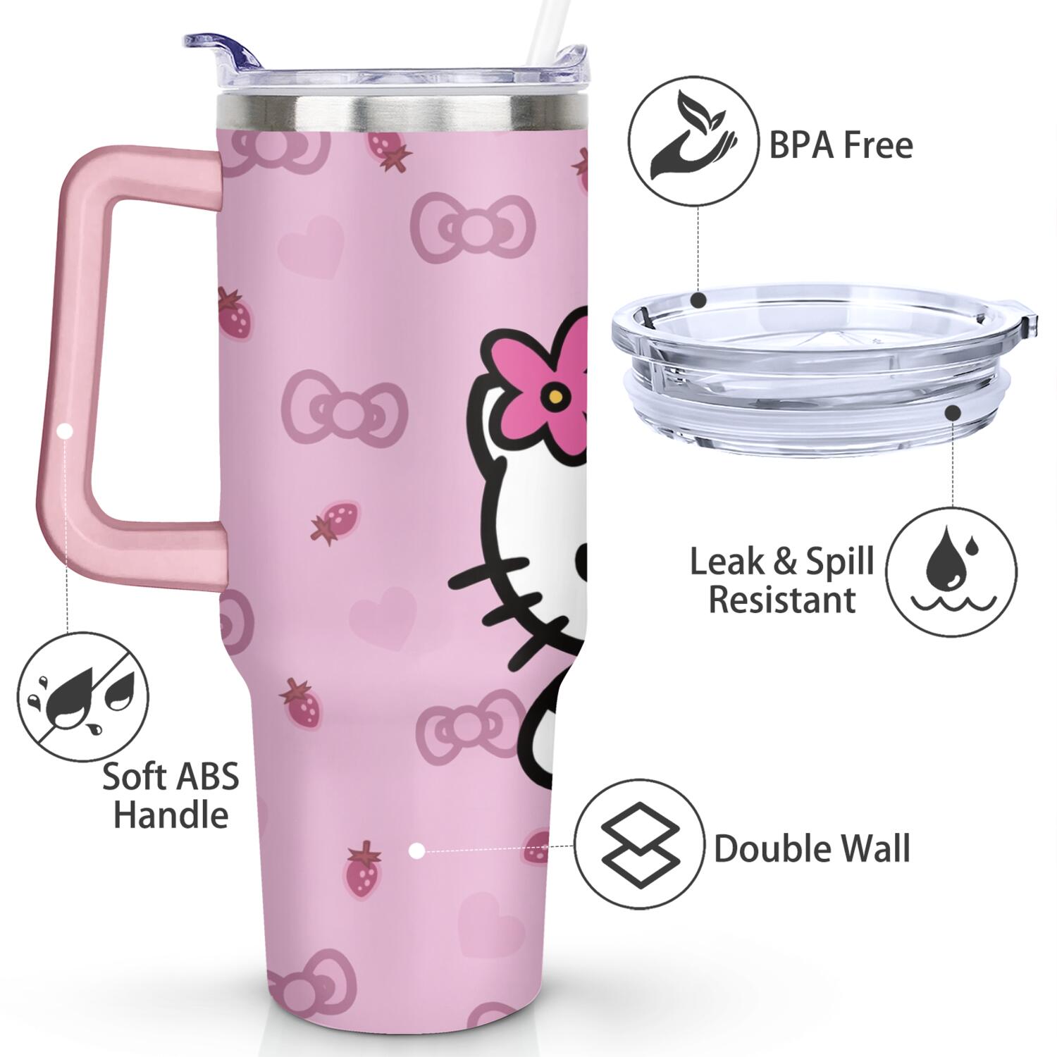 40oz Hello Kawaii Cat Cute Stainless Steel Tumbler with Lid and Straw,Spill Proof Travel Cup Double Wall Vacuum Insulated Coffee Mug with Handle Pink