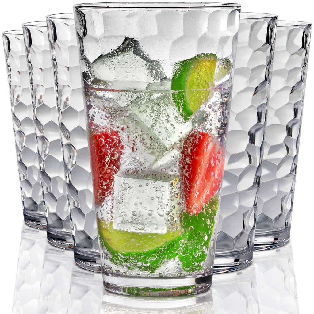 Bravario Hammered Plastic Drinking Glasses Set of 6, 22 oz BPA-Free Highball Tumblers