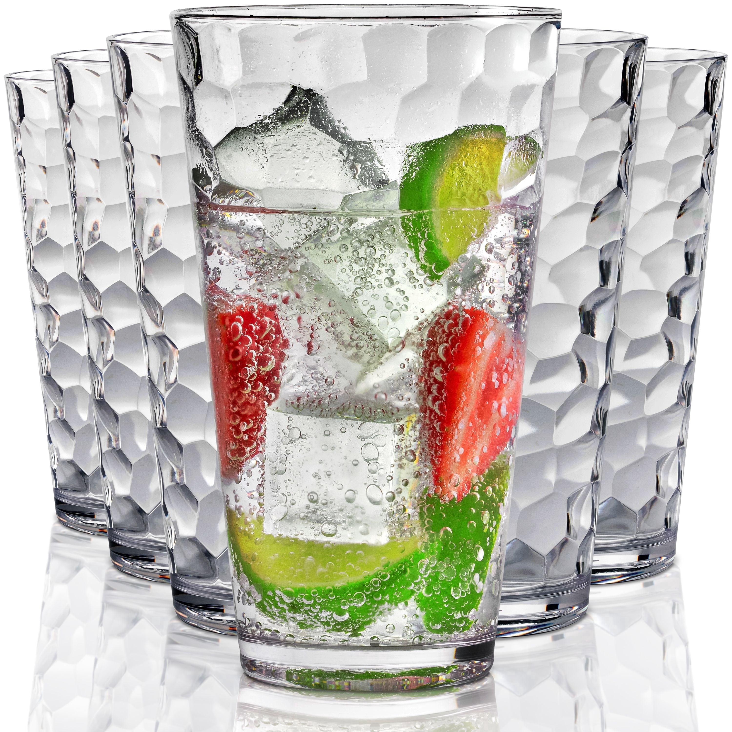 Bravario Hammered Plastic Drinking Glasses Set of 6, 22 oz BPA-Free Highball Tumblers