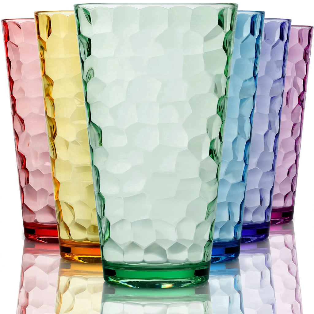 Bravario Hammered Plastic Drinking Tumbler, Dishwasher-Safe Water Glasses, BPA-Free Reusable Mixed Colors Assorted Stackable Cups, 22 oz Set of 6