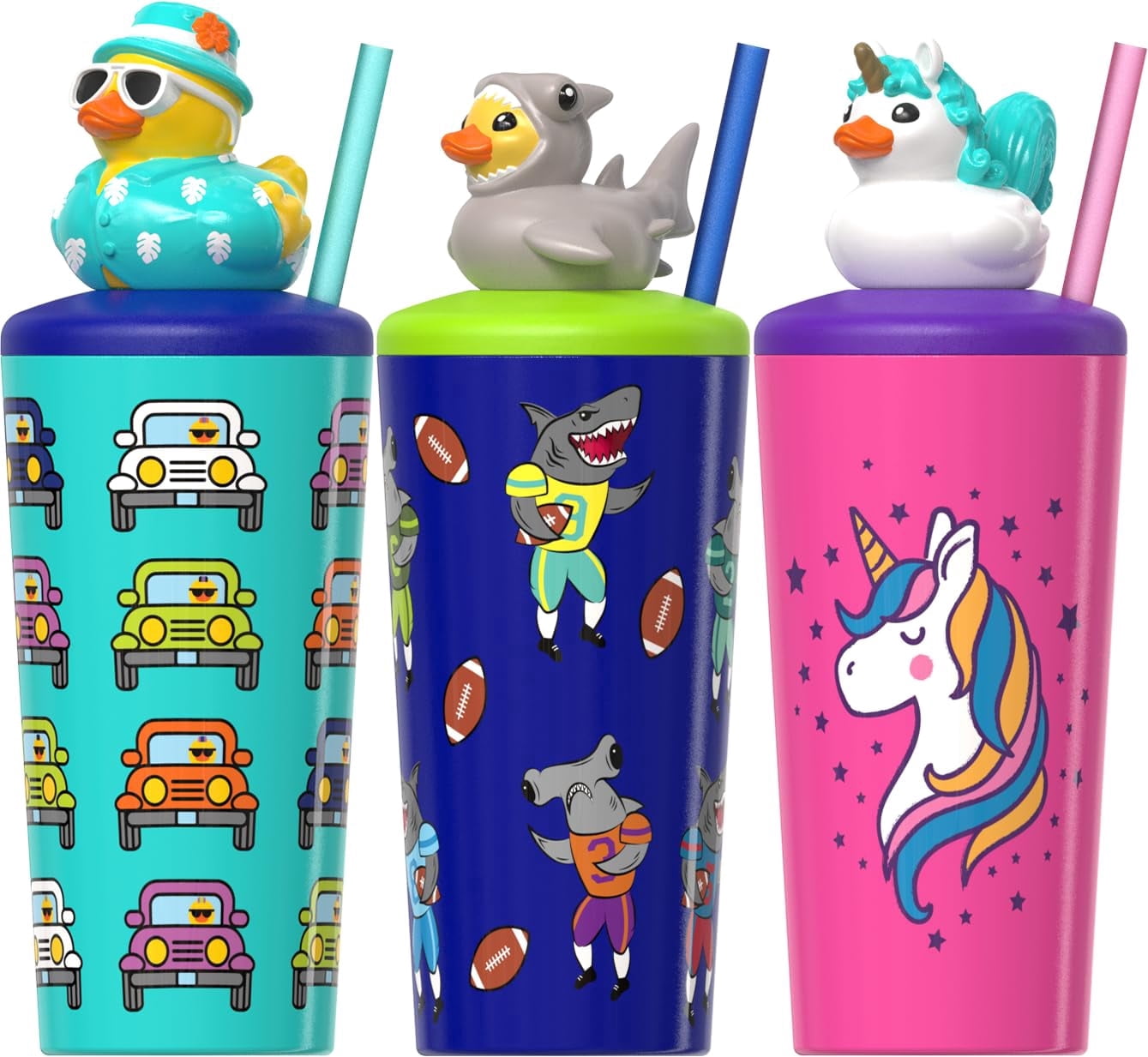 COOL GEAR Pop Topper Kids Tumbler with Straw, Mix-and-Match Character Topper, BPA Free Reusable Cup - SHARK/ATV/UNICORN (3-Pack)