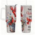 Cardinal Insulated Tumbler with Lid and Straw, Stainless Steel Travel Mug with Handle, Floral Rustic Cardinal Cup, Double Wall Hot Cold Drink Tumbler, Gift for Women & Nature Lovers