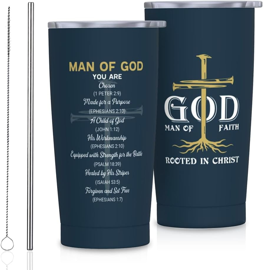 Christian Gifts for Men, Religious Gifts for Men, Christian Man of God Tumbler 20oz, Bible Verse Gift Coffee Travel Mug, Christian Spiritual Inspirational Catholic Gift Cup for Dad Grandpa