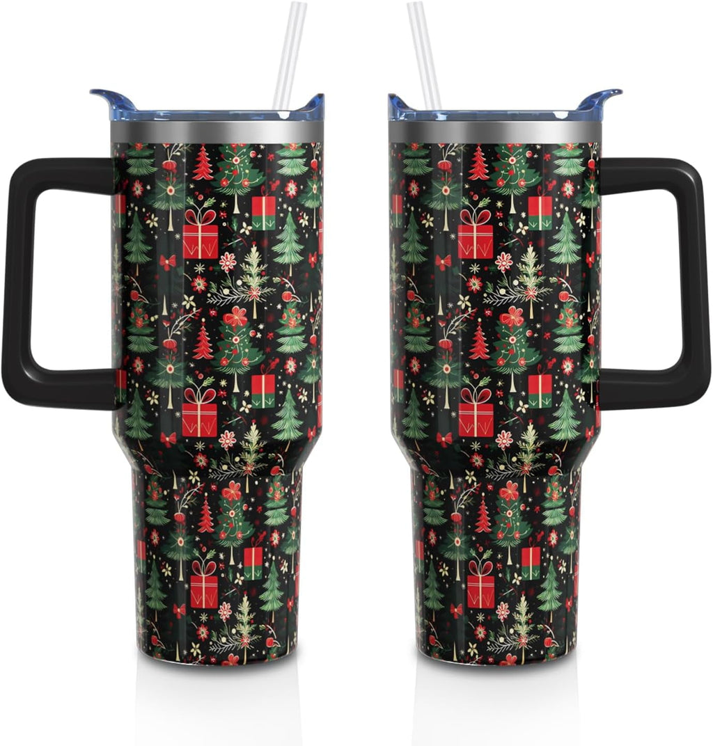 Christmas Gifts 40 Oz Tumbler with Handle and Straw, Green Xmas Tree Stainless Steel Insulated Cup Water Bottle, Retro Holiday Gifts for Women Men (1PC)