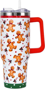 Christmas Tumbler with Handle and Straw Lid 40 oz,Cute Christmas Gifts for Women Gingerbread Candy Cane Vacuum Insulated Leak Proof Tumbler,Winter Holiday Accessories Stainless Steel Coffee Cup Mug