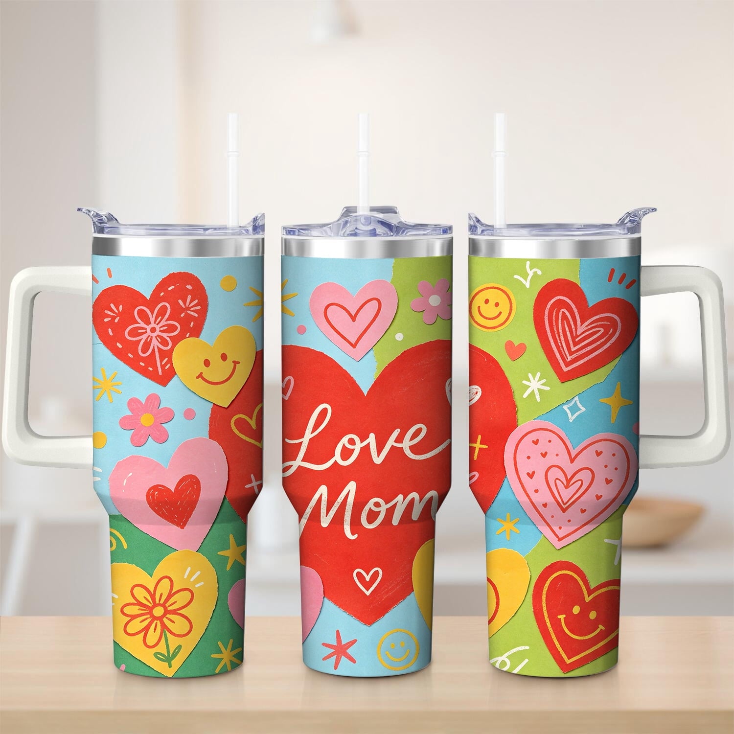 Herobuddy™ Colorful Heart Love Mom Stainless Steel Tumbler, 30oz - Insulated Travel Tumbler Cup