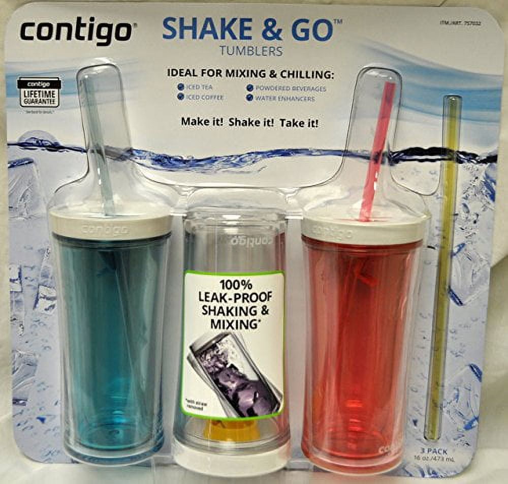 Contigo Shake & Go Plastic Tumblers - Set of 3 (Pink Blue & Clear)