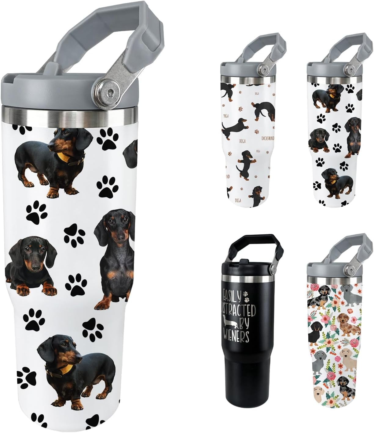 Dachshund Dog Tumbler with Lid and Straw 30 Oz Weenie Dog Tumbler Insulated Weiner Dog Water Bottle Cup with Handle Weiner Dog Gifts for Women Men