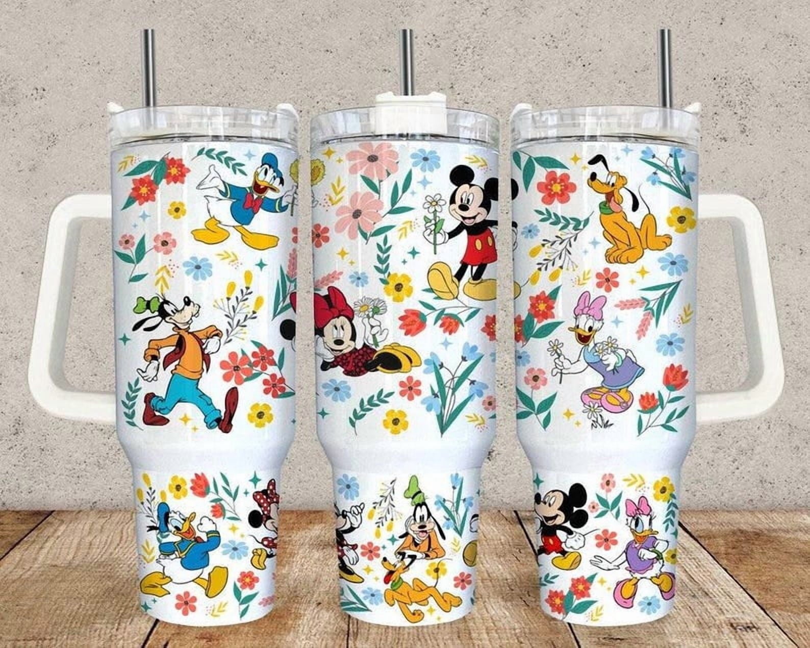 Disney Mickey & Friends 40oz Tumbler with Handle – Floral Mickey Minnie Donald Goofy Insulated Cup, Magic Kingdom Travel Mug with Straw, Classic Disney Gift