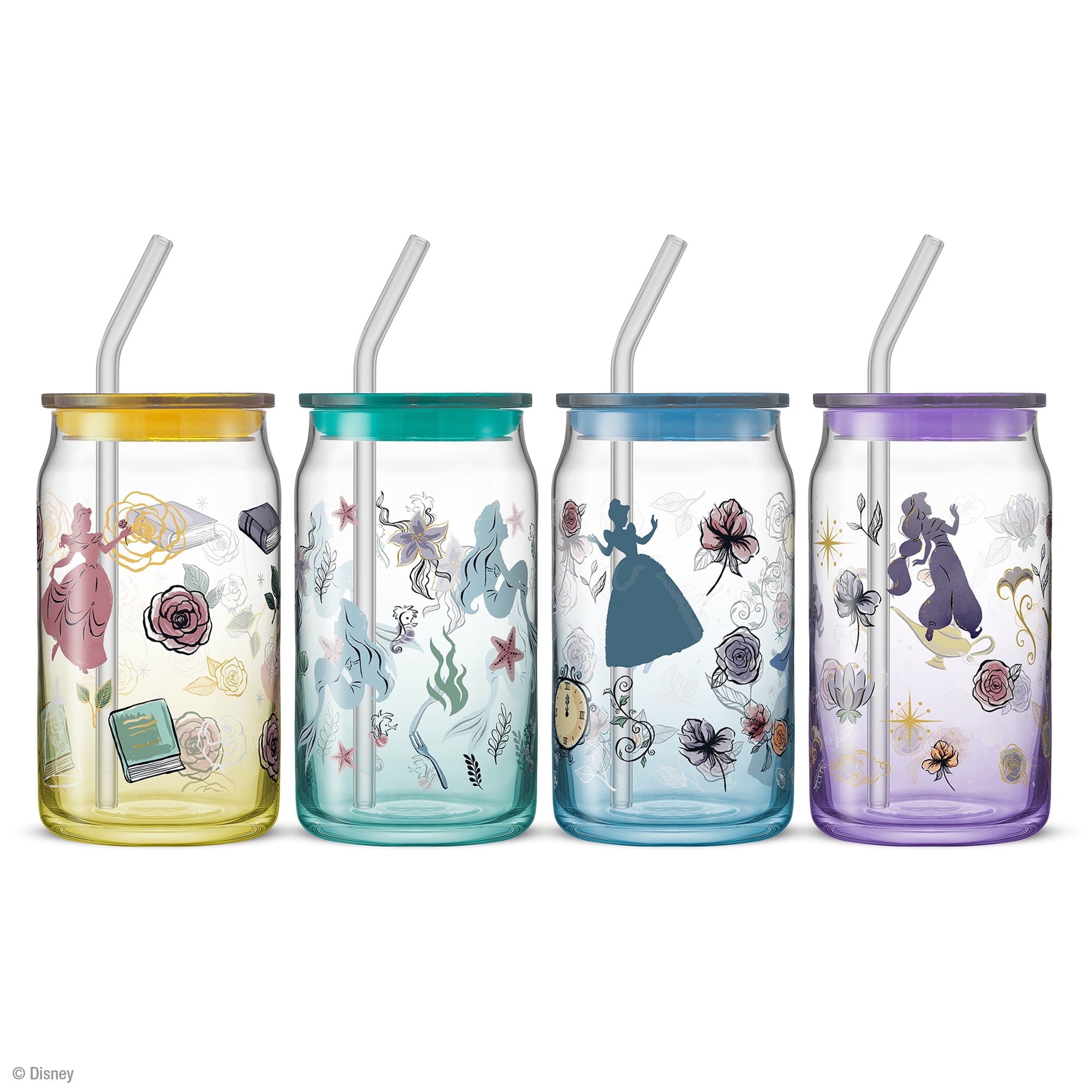 Disney Princess Icon Tumbler Glasses with Lids, 16-ounce, Set of 4