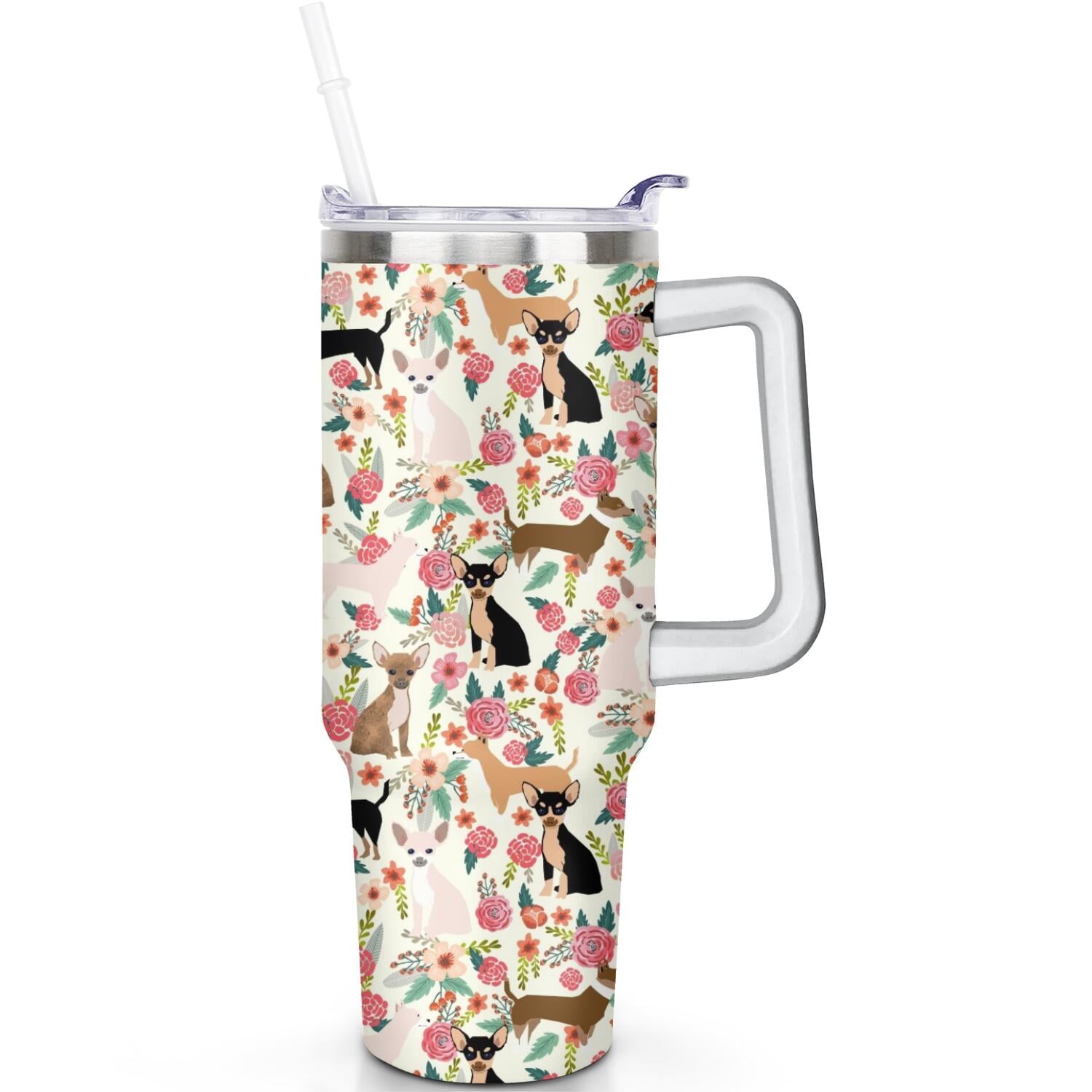 Dog Lover’s Travel Mug – 40oz Double Wall Stainless Steel Tumbler with Handle, Spill Proof Lid and Coffee Straw
