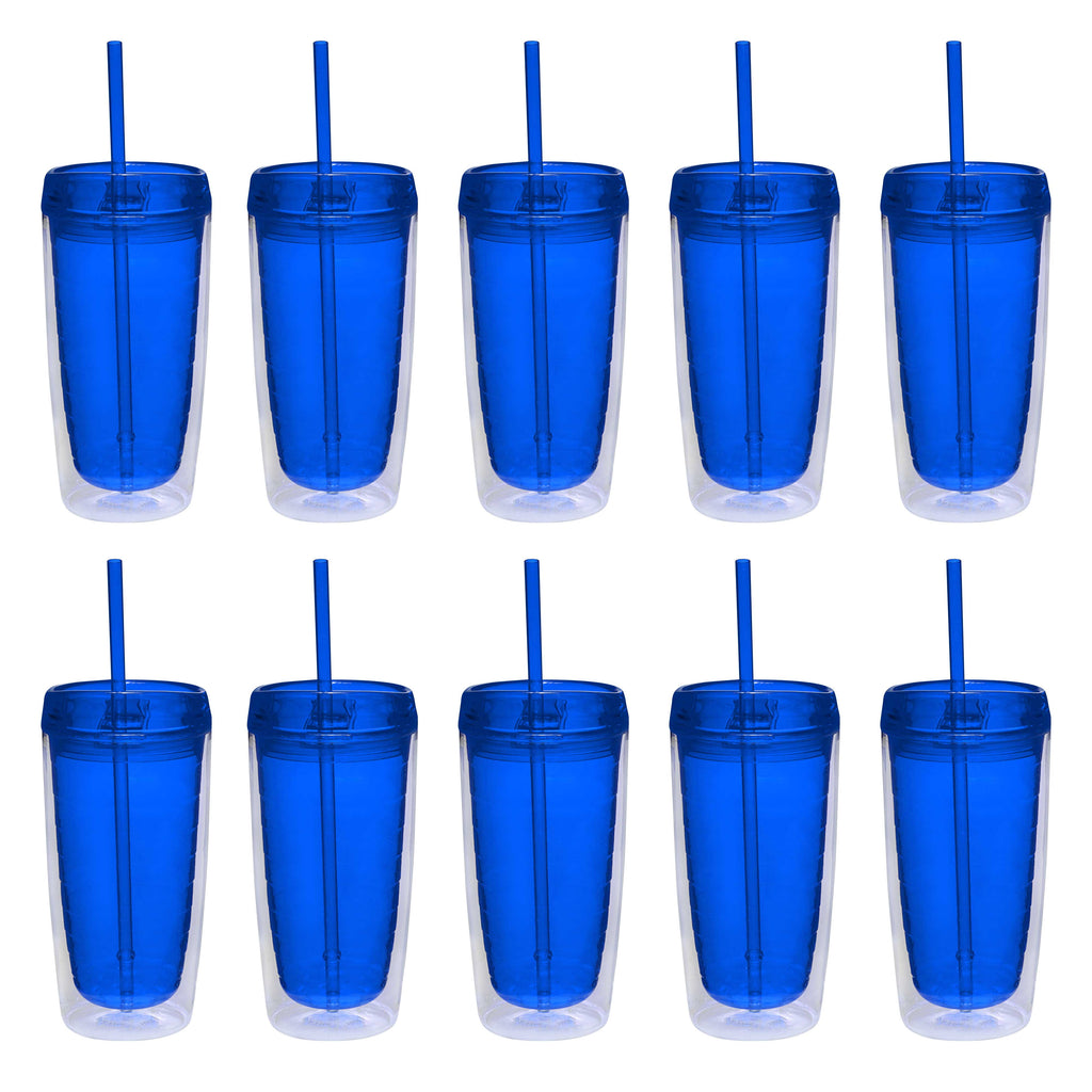 Double Wall Acrylic Tumblers 16 oz. Set of 10, Bulk Pack - BPA Free, Perfect for Iced Coffee, Soda, Other Hot & Cold Beverages - Blue