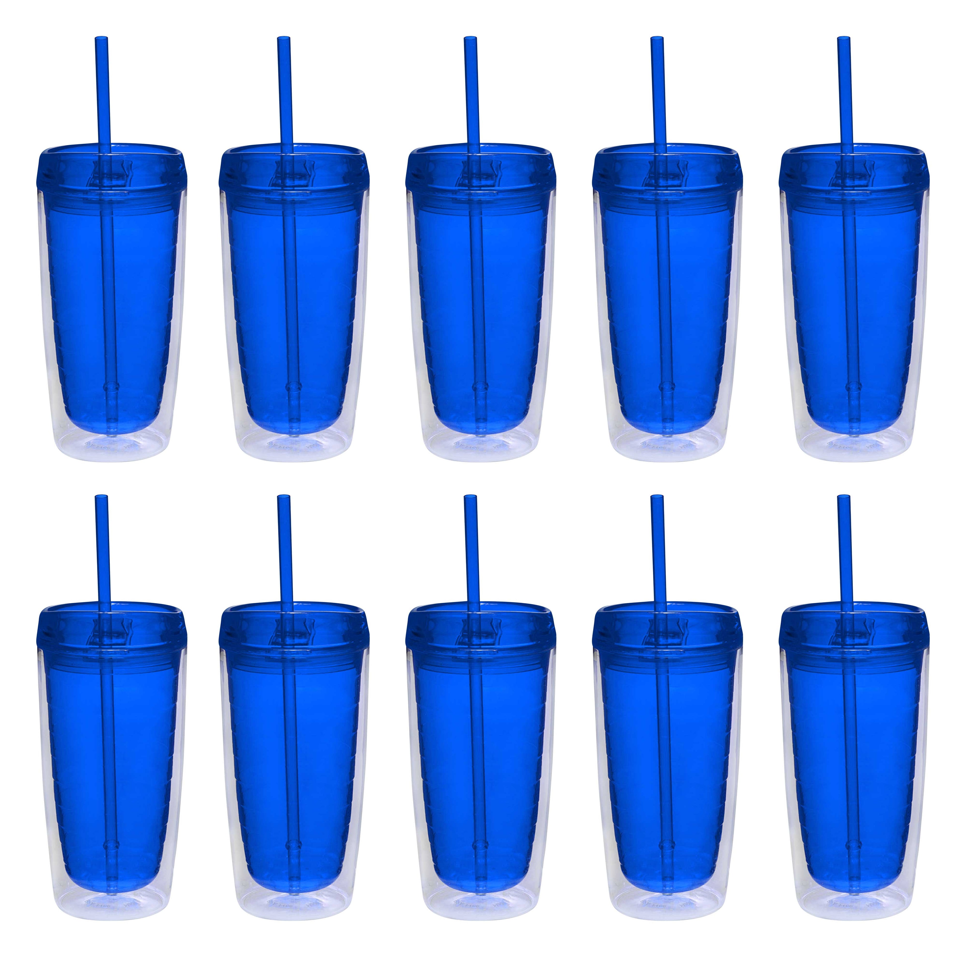Double Wall Acrylic Tumblers 16 oz. Set of 10, Bulk Pack - BPA Free, Perfect for Iced Coffee, Soda, Other Hot & Cold Beverages - Blue