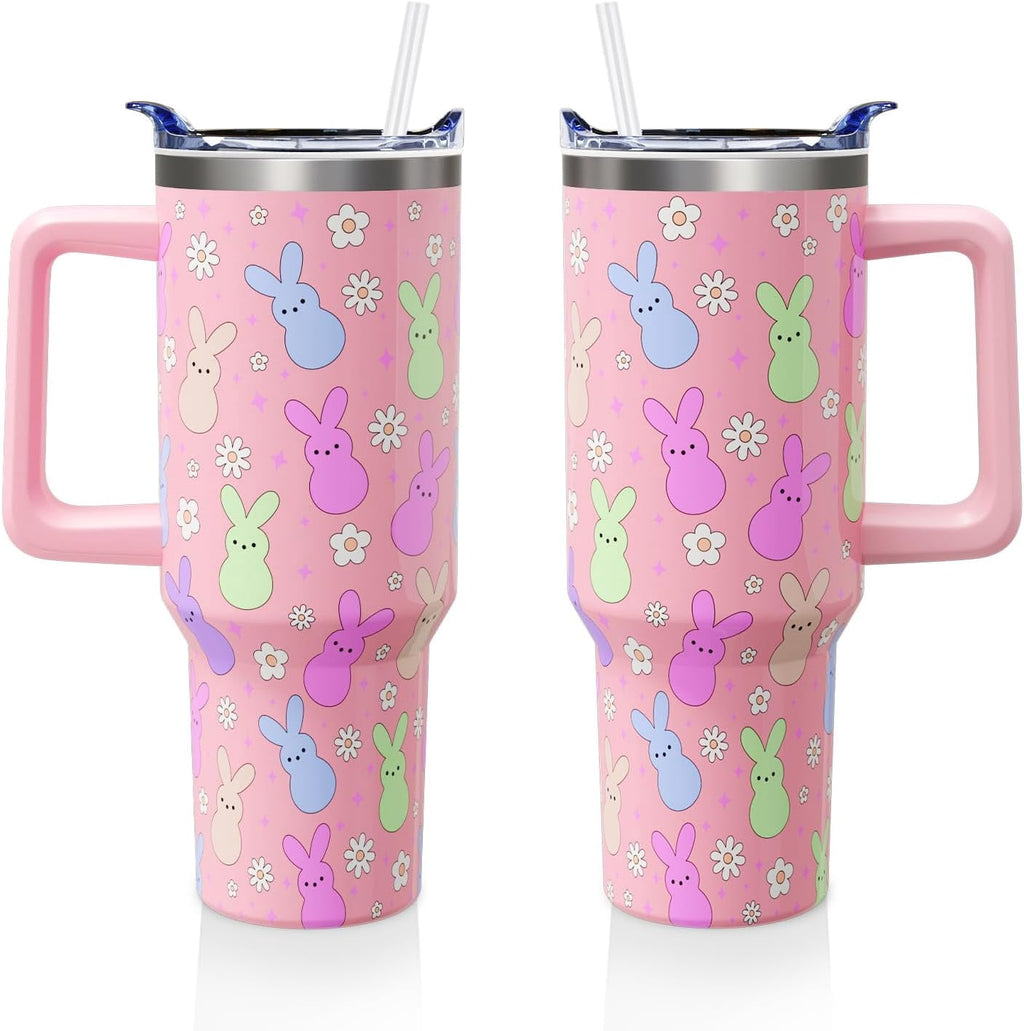 Easter Day Gifts 40oz Tumbler with Handle and Straw, Cute Bunnies Buddies Spring Stainless Steel Insulated Cup, Colorful Holiday Bunny Water Bottle Gifts for Women Men (1PC)