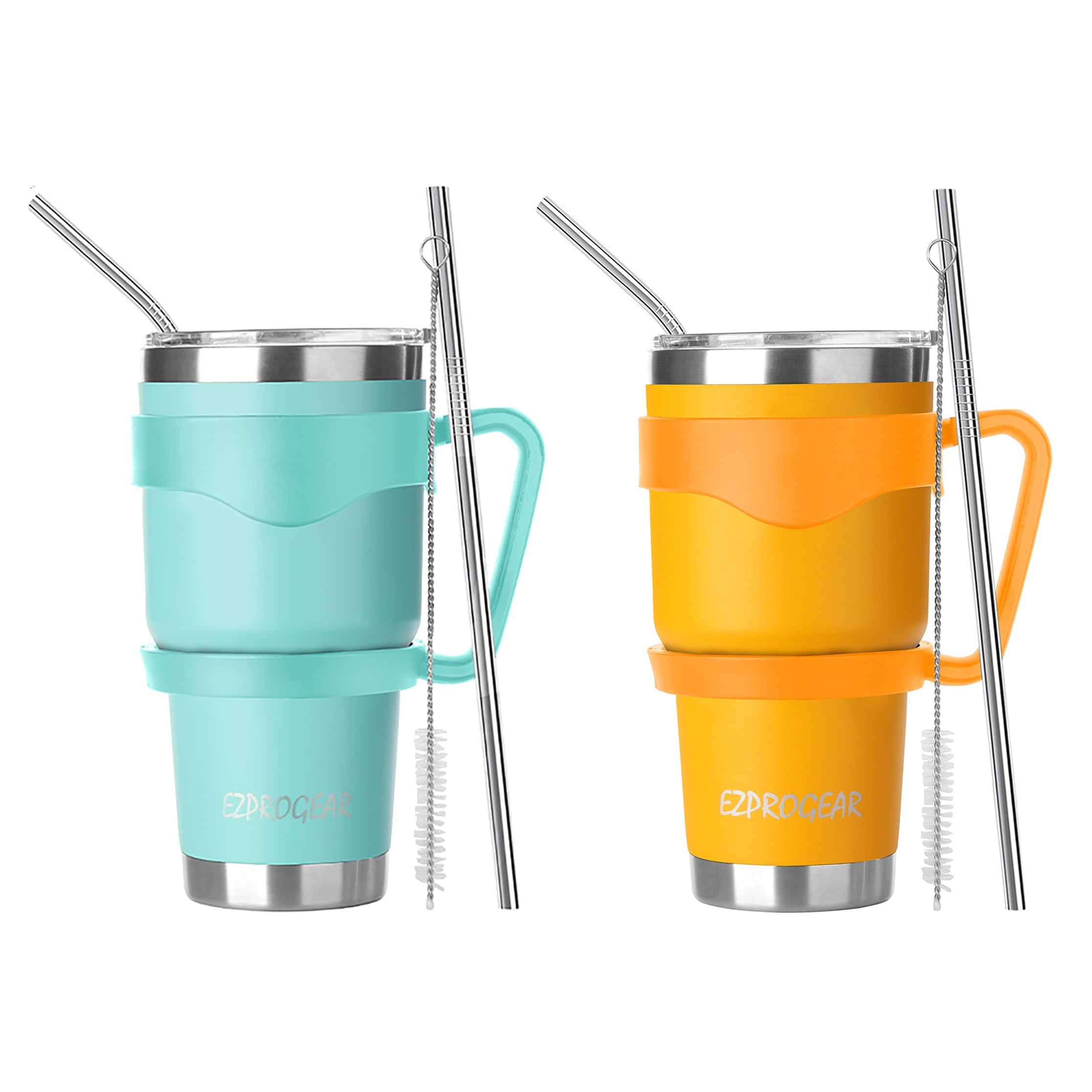 Ezprogear 30 oz 2 Pack Stainless Steel Tumbler Double Wall Travel Cup Vacuum Insulated Coffee Mug with Handle & Straws (Mango & Mint)