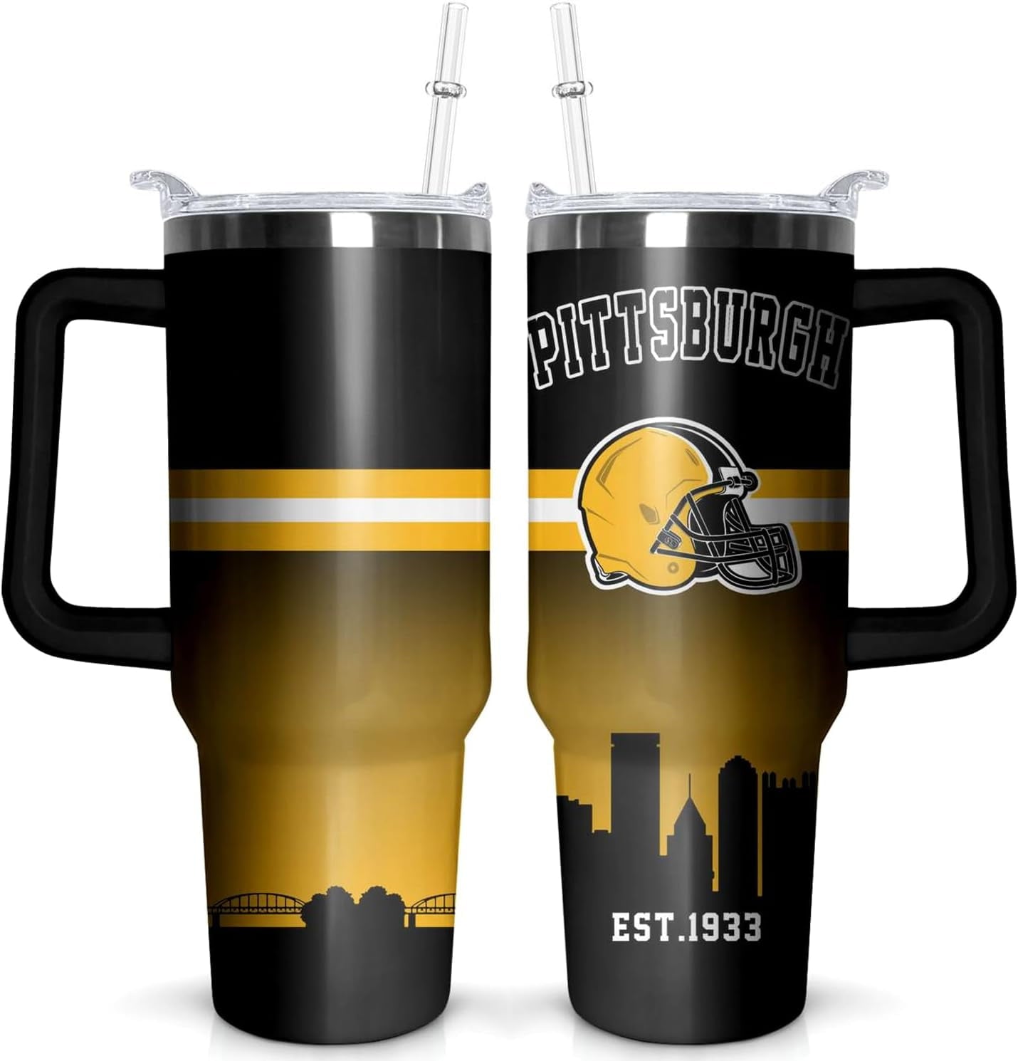 Football 40 OZ Pittsburgh Tumbler with Handle and Straw for Football Fans Gifts Football City Travel Mug Tumbler Cup for Men Women Keeps Drinks Cold & Hot