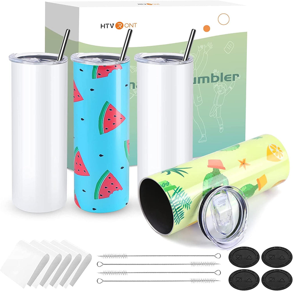 HTVRONT 4 Pack Sublimation Blanks Tumblers 20 OZ Skinny Stainless Steel Mugs with Box, Paper and Straw