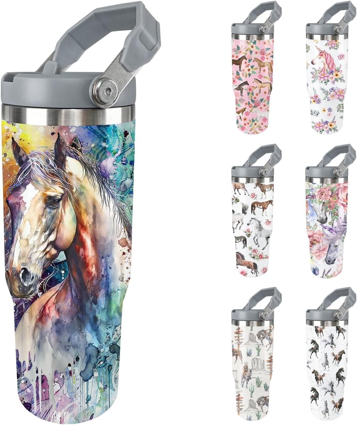 Horse Tumbler with Lid and Straw Stainless Steel Tumblers 30 Oz Insulated Horse Water Bottle Tie Dye Cup Mug with Handle Horse Gifts for Women Men Gift for Horse Lovers