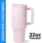 HydroJug Traveler 32 oz Water Bottle, Stainless Steel Insulated Tumbler with Flip Straw and Handle - Pink Sand