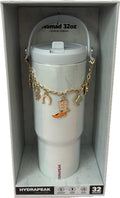 Ice White Hydrapeak 32 oz Nomad Insulated Tumbler with Handle & Straw Lid - Limited Edition Charmed Western Custom Charms, Pale Shimmery Ice White with Subtlest Blue Tint