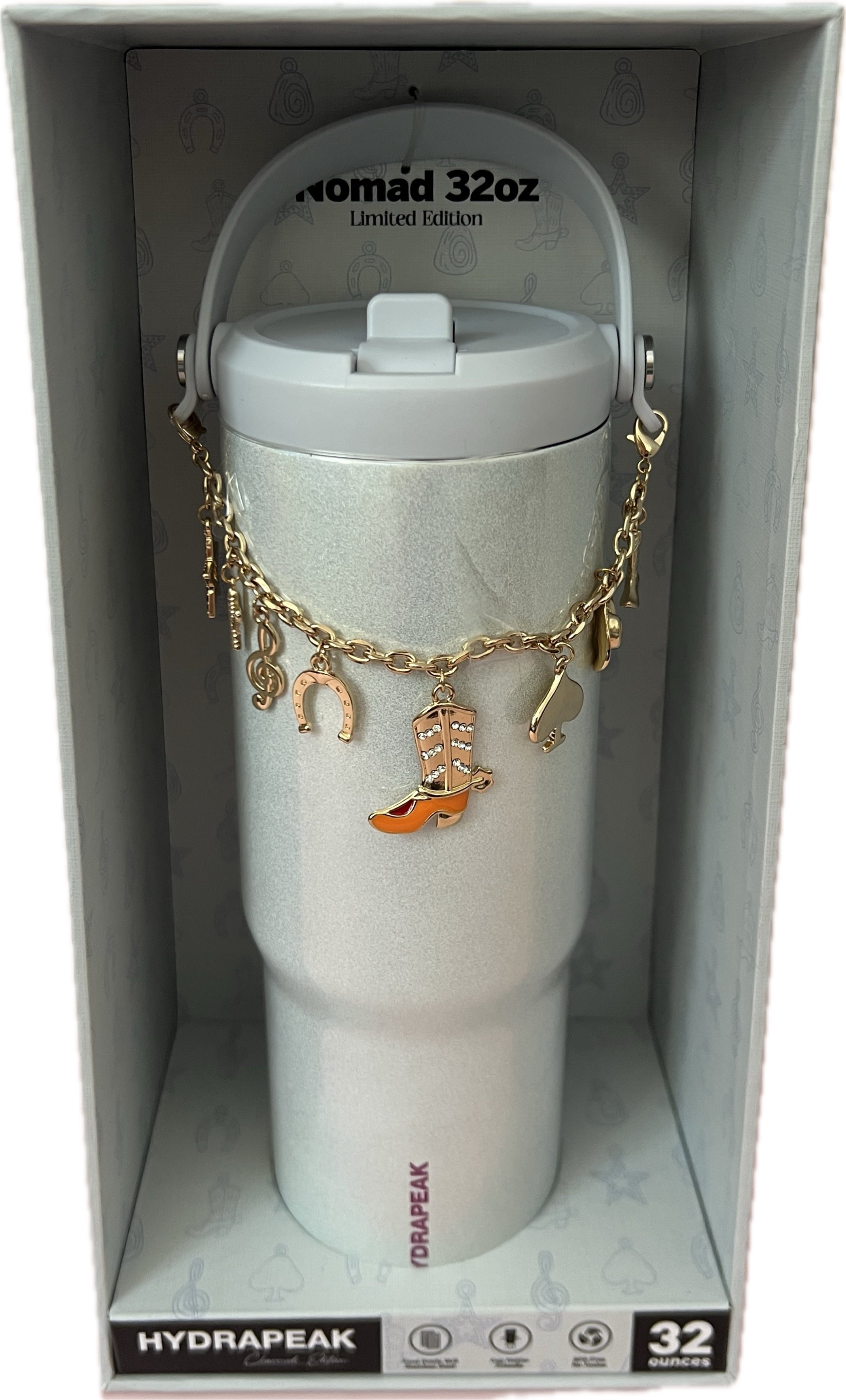 Ice White Hydrapeak 32 oz Nomad Insulated Tumbler with Handle & Straw Lid - Limited Edition Charmed Western Custom Charms, Pale Shimmery Ice White with Subtlest Blue Tint