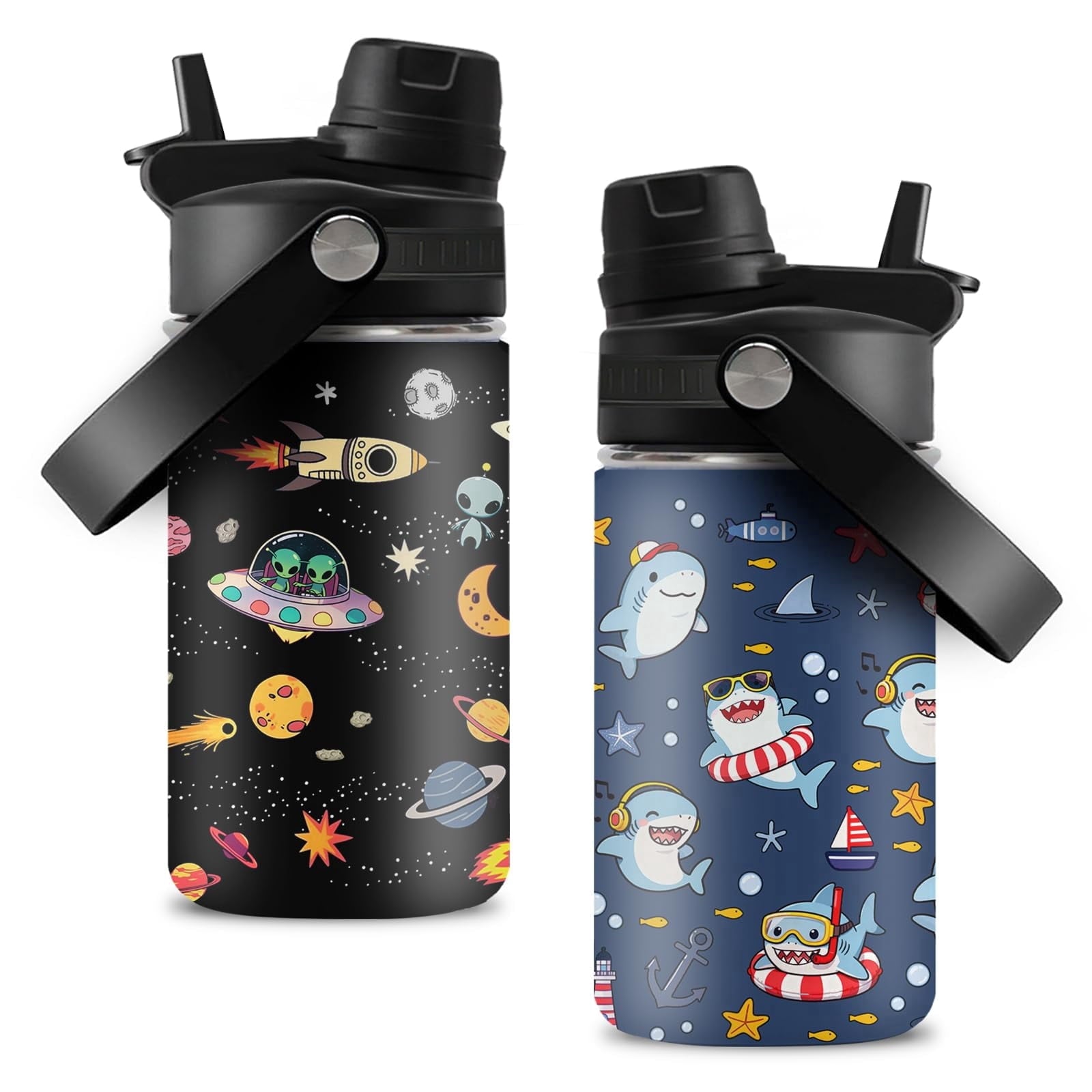 JOPJOLIW 12OZ Shark Water Bottle for Boys, Birthday Gift for Planet Lovers, Insulated Tumbler with Straw & Handle for Son, Stainless Steel Reusable Leak-proof Cup for Sports, G-Black 2-Pack