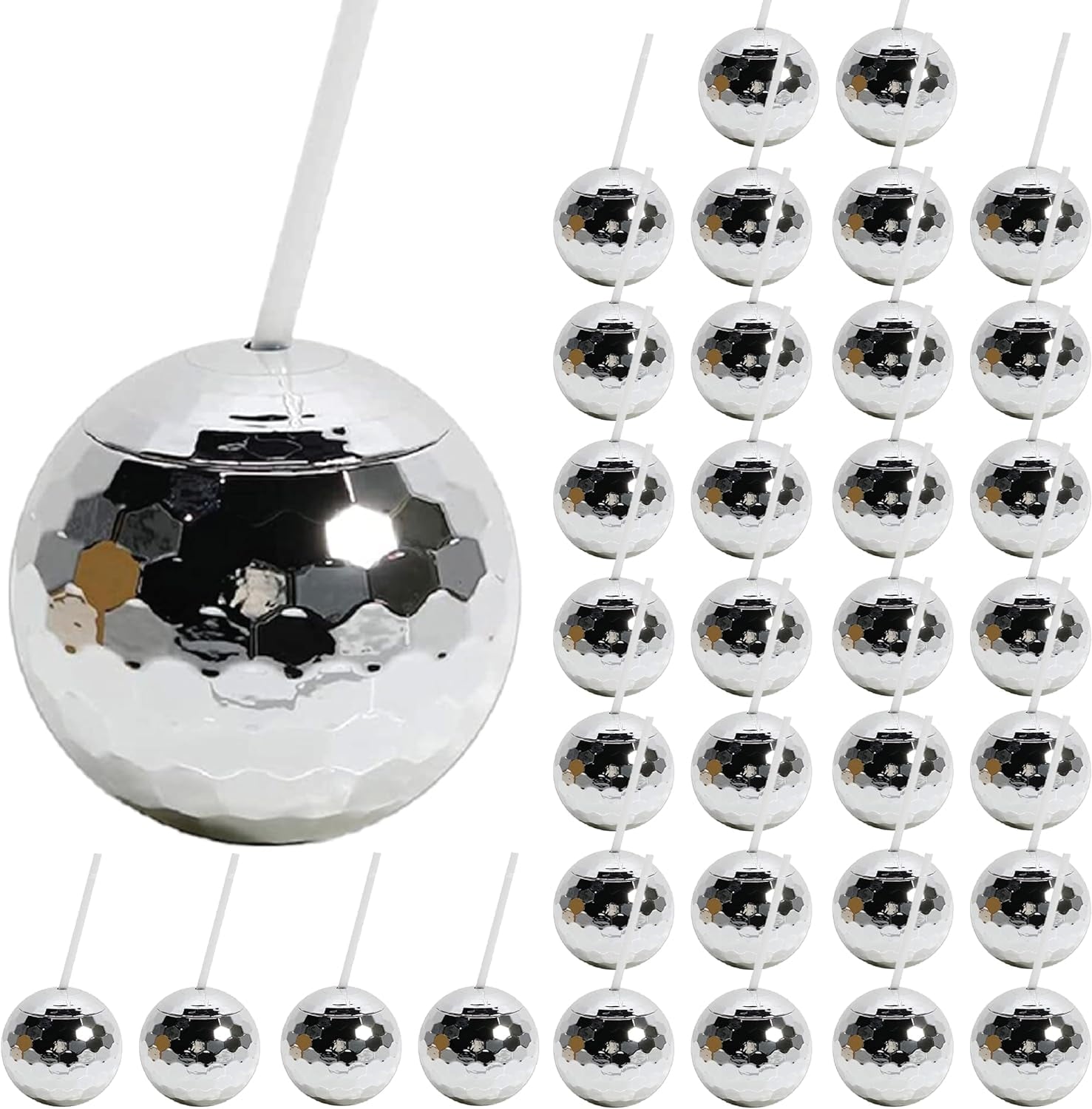Koyal Wholesale 1970s Silver Disco Ball Drink Tumbler with Straw, Set of 32 For New Year's Eve Party Cups