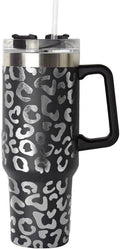 Lashicorn 40 Oz. Tumbler with Handle and Straw Black Leopard Silver 10 tall Cup lid included Insulated Stainless Steel Vacuum Travel Mug Boutique Cheetah Print